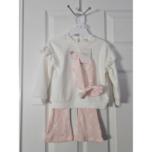Btween Baby Girls 3 Piece NWT pants top & headband Size 18M. Pink with Swans